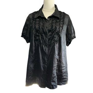 Black Collared Blouse w/ Ruffle Neckline Details
